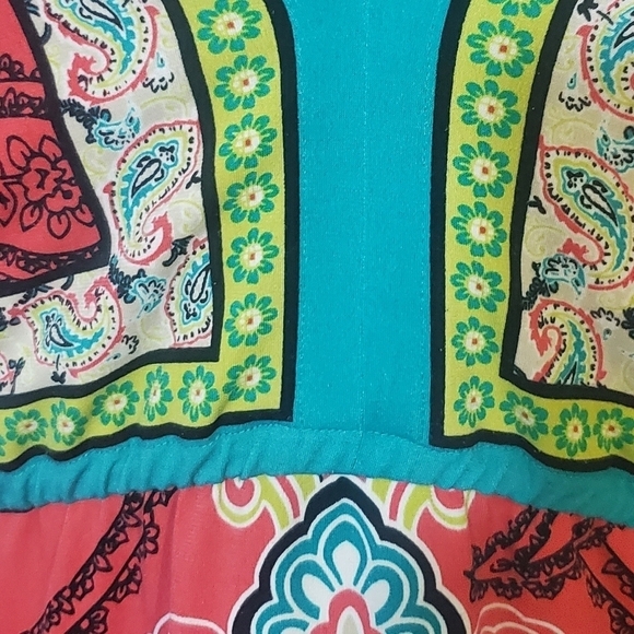 Style & Co V-Neck Short Sleeve Boho Dress Size PS.  Teal, Orange, Yellow, Green - Picture 7 of 8
